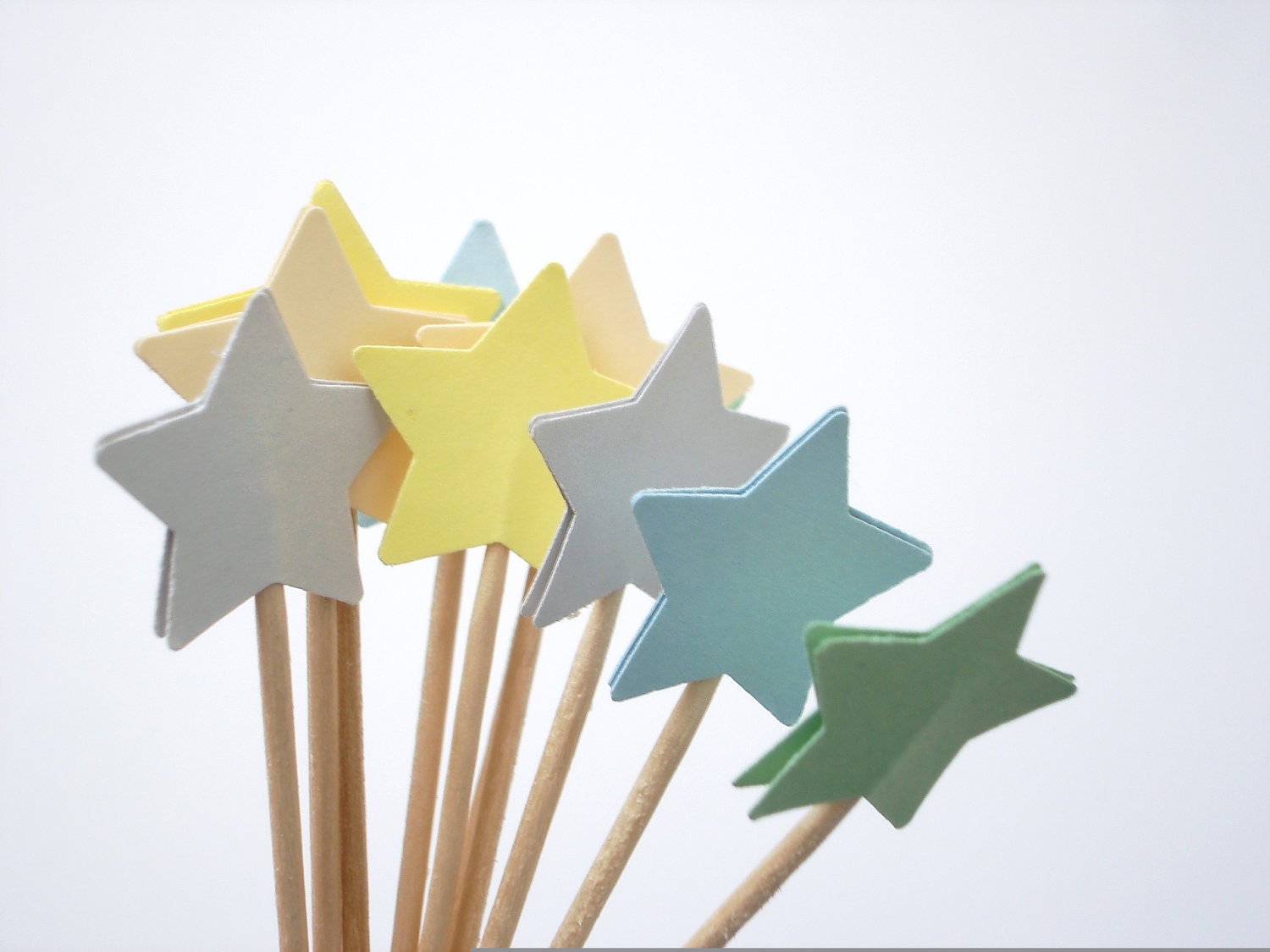 24 Mixed Pastel Yellow Blue Gray Green Ivory Star Party Picks, Cupcake Toppers, Food Picks, Toothpicks, Drink Picks - No619