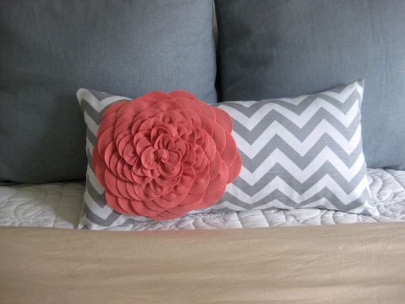 Coral and Gray felt flower pillow cover.