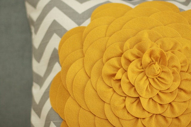 Gray Chevron stripe felt flower pillow cover. 18x18