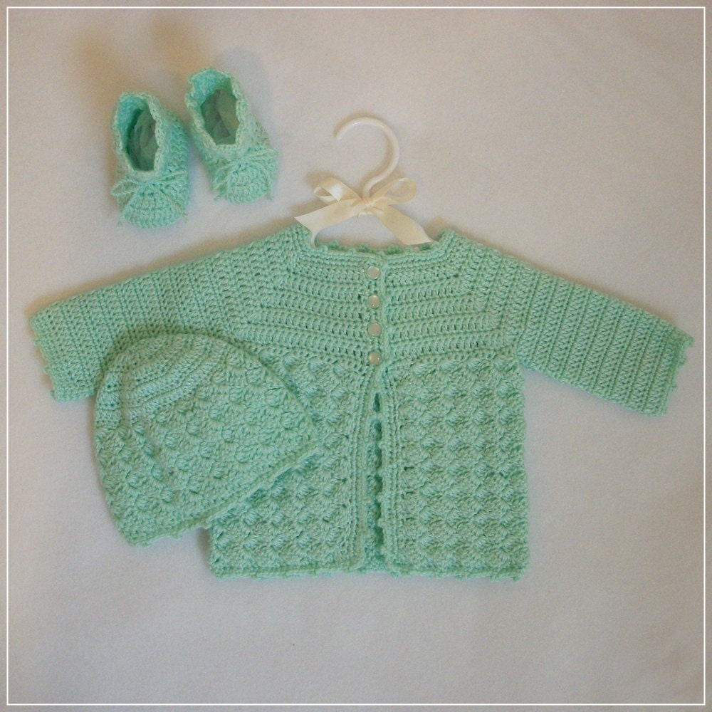 Crocheted Unisex Mint Basketweave Baby Sweater Set, 3M-6M