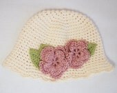 Crocheted Cotton Summer Baby Hat in Cream with Dusty Rose Flowers, 3M - 6M