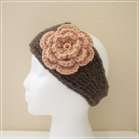 Crocheted Knit-Look Headband/Ear Warmer in Taupe w Apricot Beaded Flower