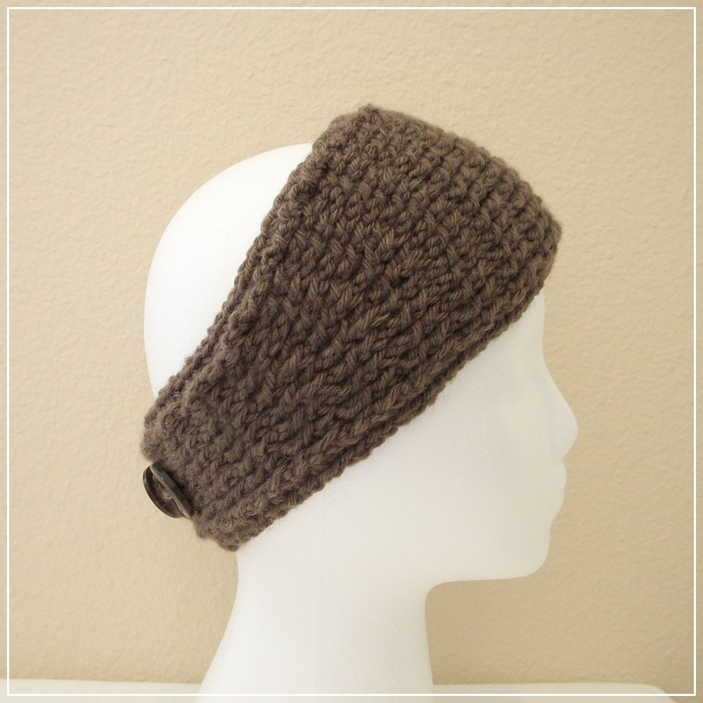Crocheted Knit-Look Headband/Ear Warmer in Taupe w Apricot Beaded Flower