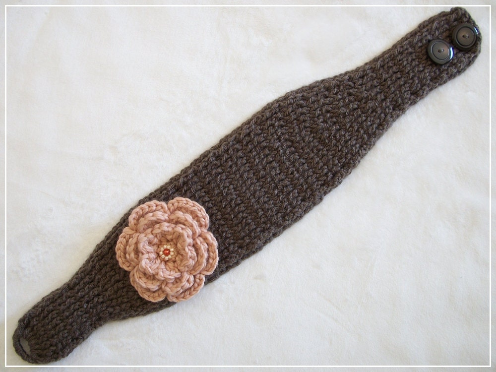 Crocheted Knit-Look Headband/Ear Warmer in Taupe w Apricot Beaded Flower