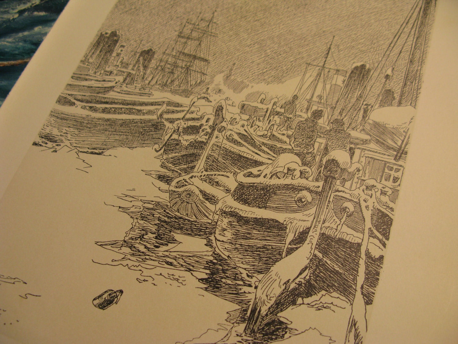 Pair Hamburg port scenes, Vintage 1950s pen & ink  German bookplate, cream, charcoal, taupe, other views in SeaSeaRider for pair or group