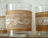 Wedding Votives Candle Tealight Holders (4) - Vintage Lace & Burlap Jute - Rustic Woodland Boho Romantic Natural Vintage-Inspired