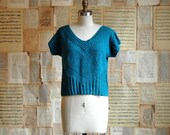 vintage 80s hand knit teal green chevron crop sweater s/m