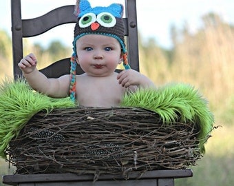 SET-Large Newborn bird nest photo prop-Owl hat-Owl Nest and Large Mongolian Olive Fur Combo Set