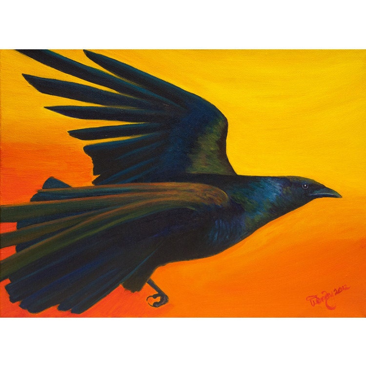Signed Art Print, Crow Painting, 8x10, Entitled He Brings His Message To The Sun, Digital Print
