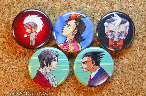 GyakuSai Collection: Phoenix Wright Miles Edgeworth Godot Damon Gant Wocky Kitaki Pin-back Button Set