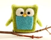 Needle Felted Owl, green blue wool fun whimsical ecofriendly decor lime aqua - feltjar