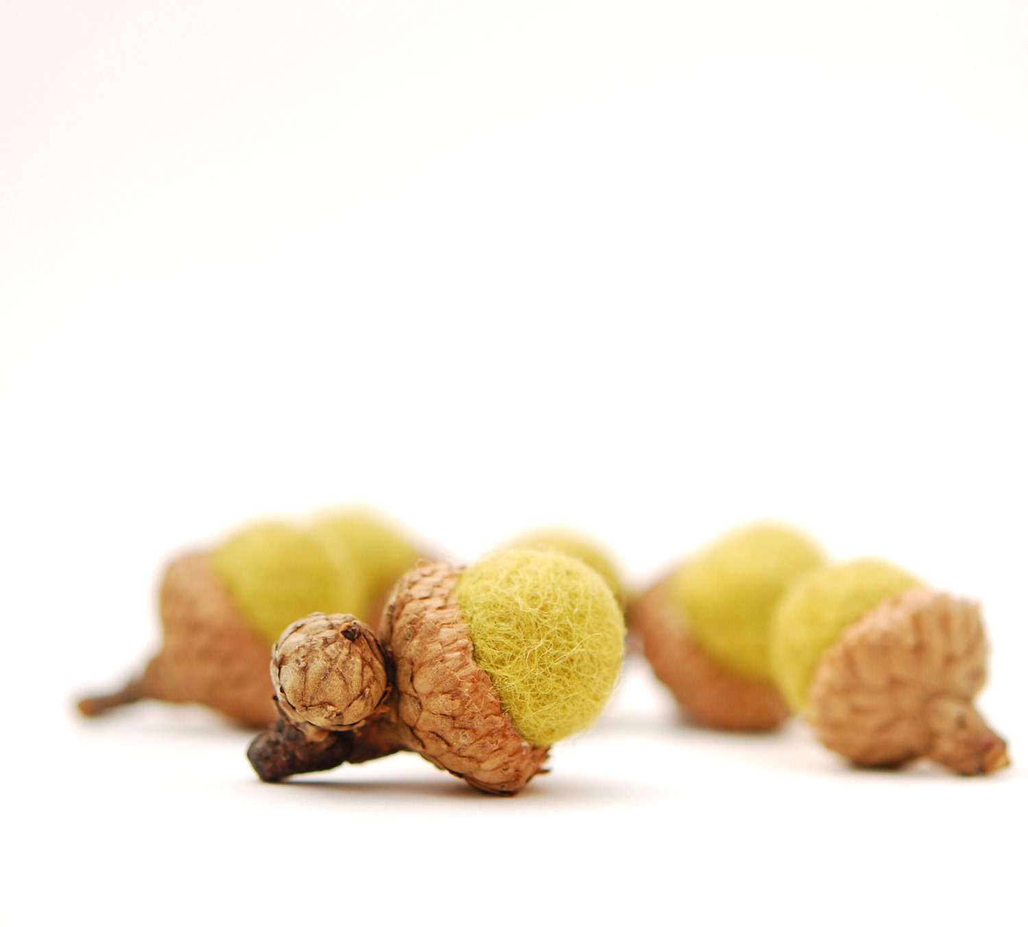 Felted Acorns,  moss nature woodland decor olive green ecofriendly