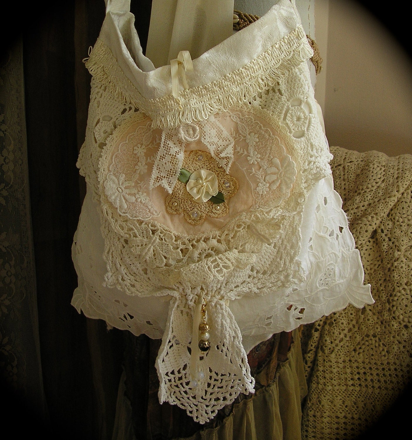 Shabby Lace Purse, white laces fabric bag vintage doily, gold satin lining, Small tattered