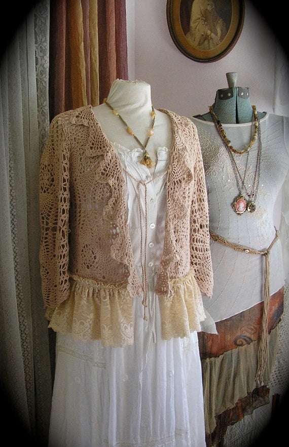 Vintage Crocheted Sweater, beige, romantic feminine, ruffled lace, altered couture, womens Small