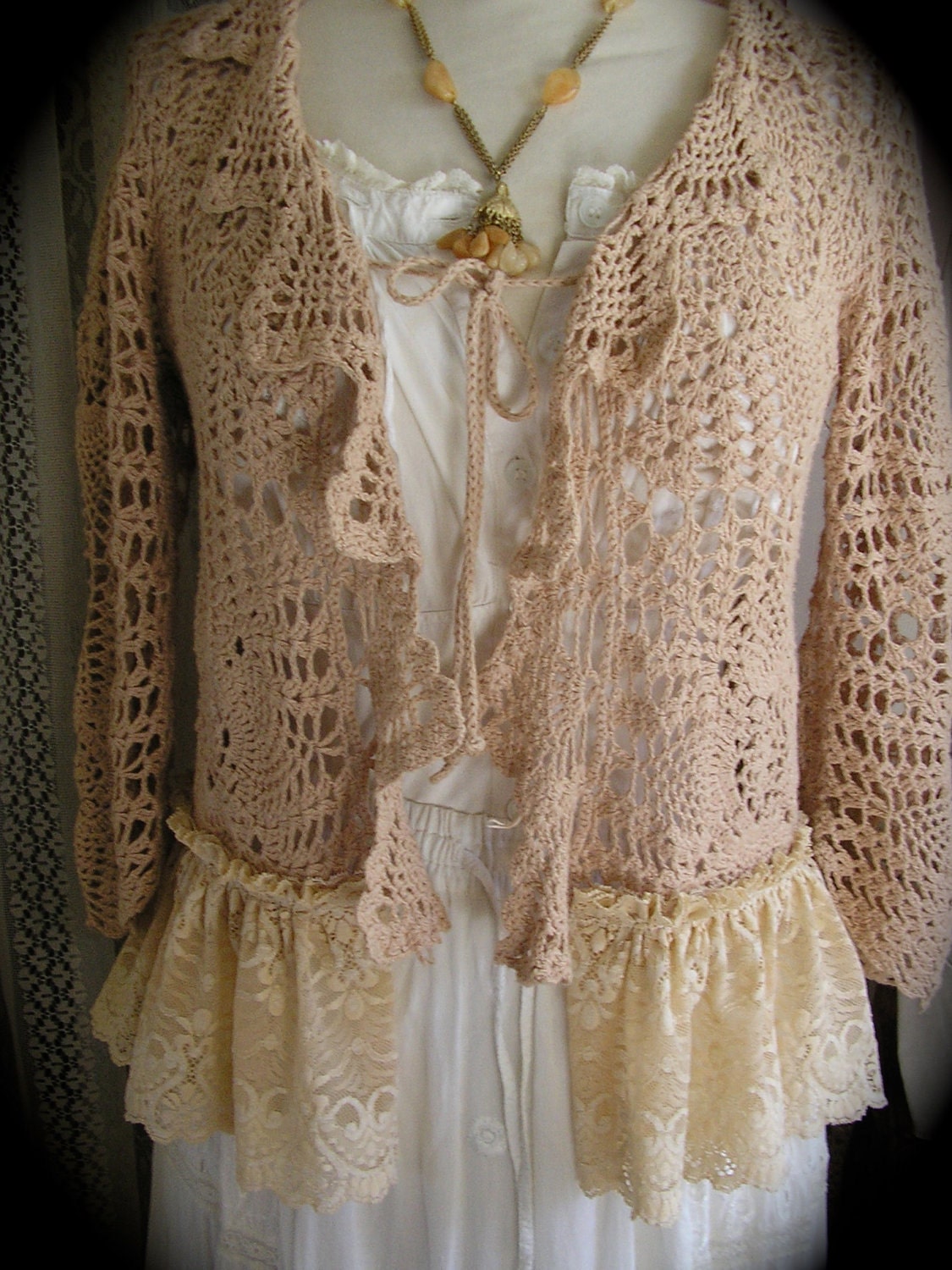 Vintage Crocheted Sweater, beige, romantic feminine, ruffled lace, altered couture, womens Small
