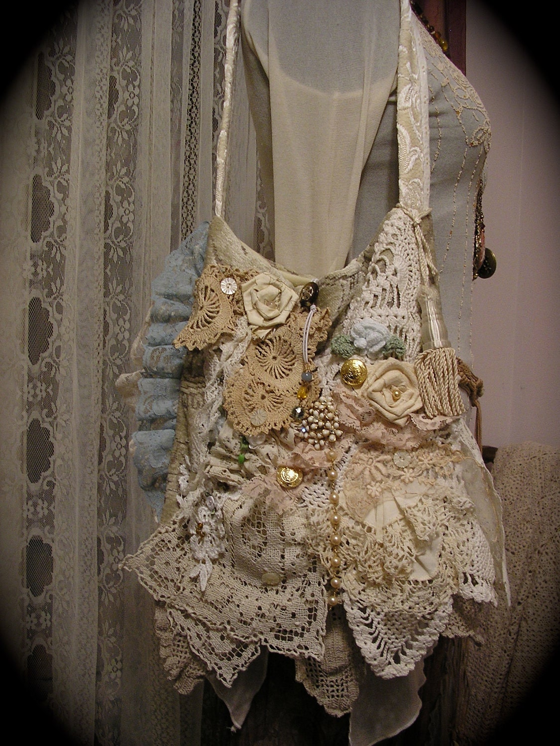 Victorian Gypsy Bag handmade shabby romantic layers ruffled laces doilies ivory creme