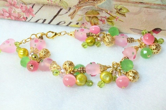 Lampwork Hearts Bracelet, Pink and Green Hearts and Flowers