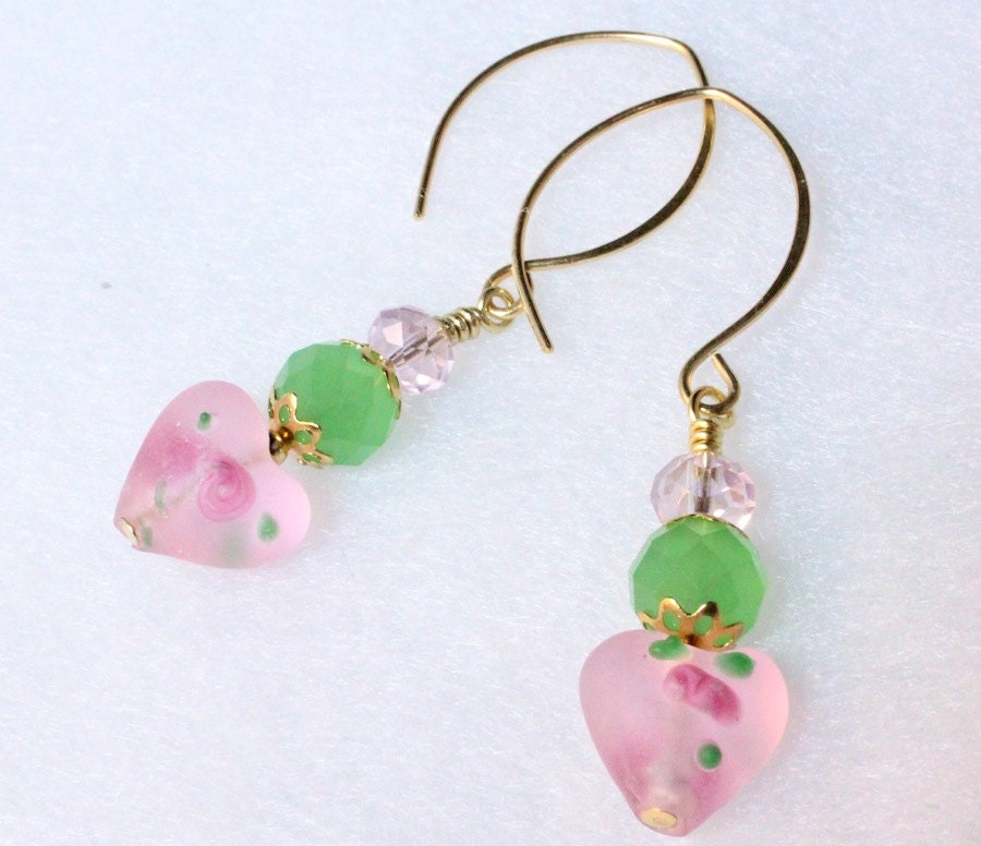 Lampwork Hearts Earrings, Pink and Green Hearts and Flowers