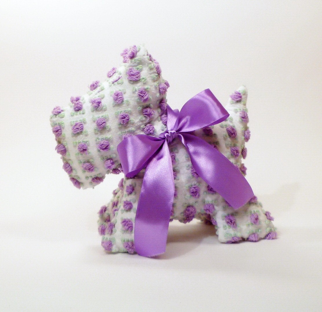 Morgan Jones Purple Rosebud Vintage Chenille Scottie Dog with Purple Satin Bow - Stuffed Animal