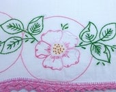 Rose Embroidered Pillowcase with Crochet Edging Vintage - Pink Rock Rose
