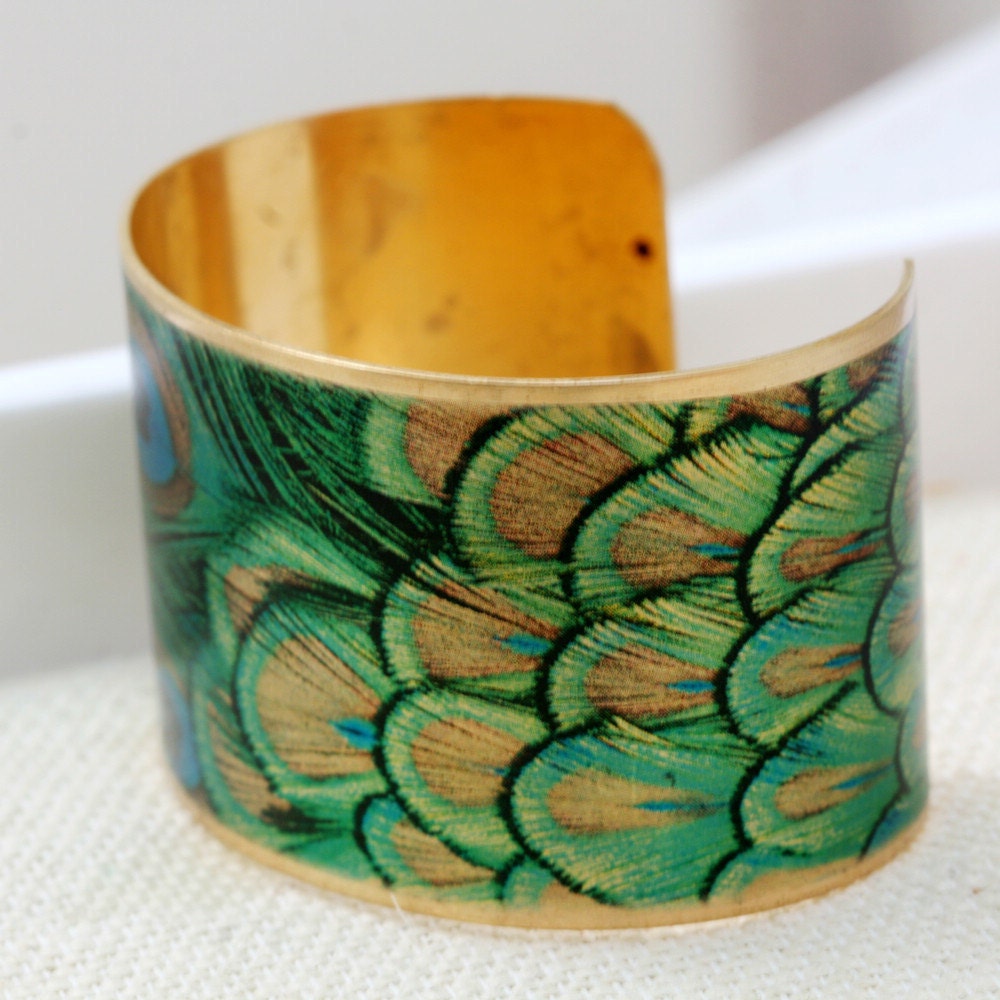 Green Peacock Feather Brass Cuff Bracelet