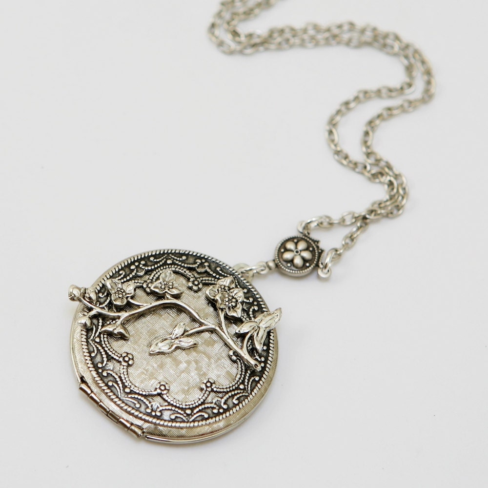 ON SALE Cherry Blossom,Locket,Silver Locket,Antique Locket,Flower Locket,Flower,vintage locket,Wedding Necklace,bridesmaid necklace