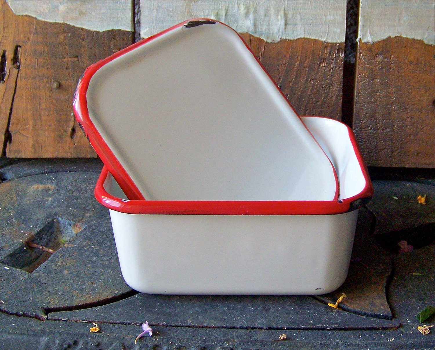 Enamelware Container White with Red trim