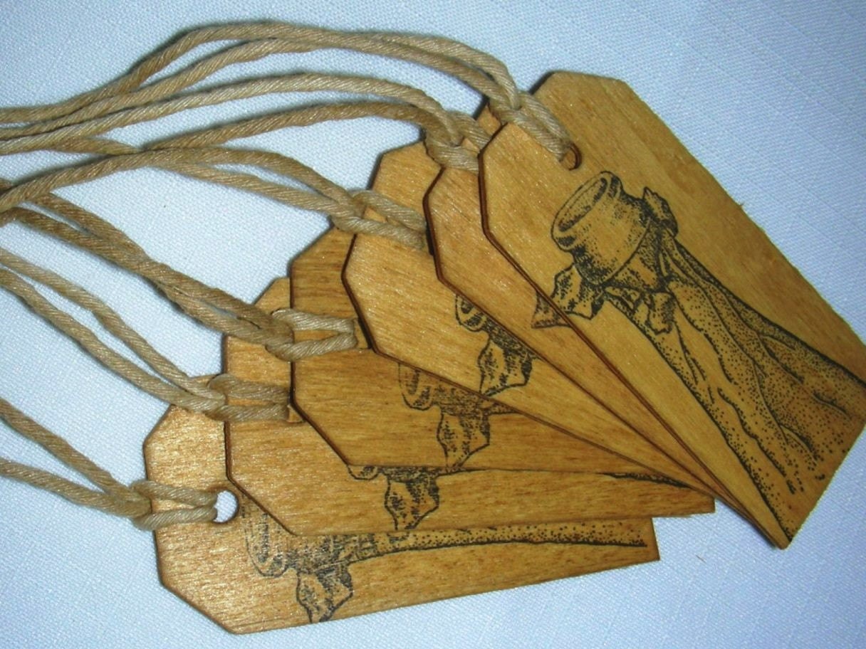 6 Large Wooden Wine Tags - Wood Gift Tags Hand Crafted Natural Coffee Stained Eco friendly