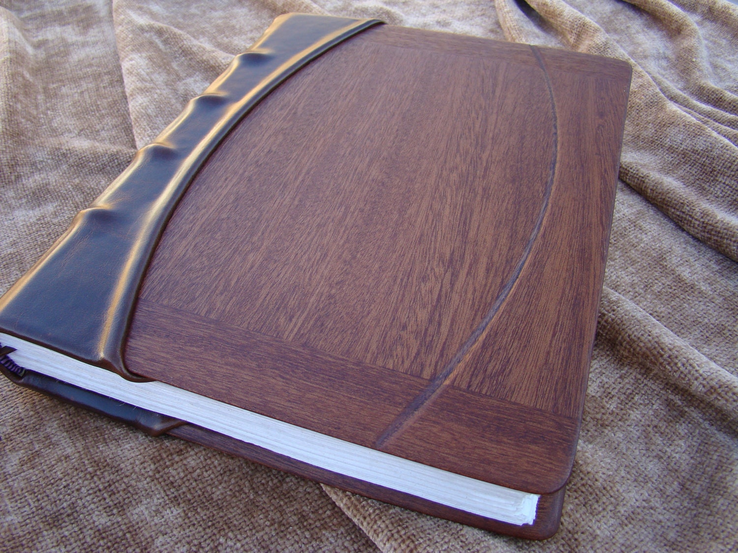 Handmade Leather Journal with Mahogany Panels, Hemp Paper, and Silk Headband - LeatherWoodBooks