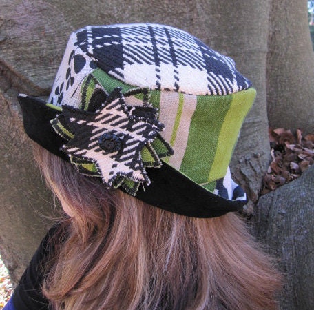 Green and Black Hat with Flower and Suede Brim