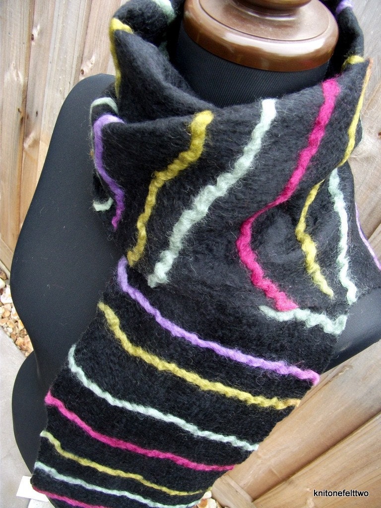 Handfelted black and multicolor stripe merino wool Scarf 'Stripes'