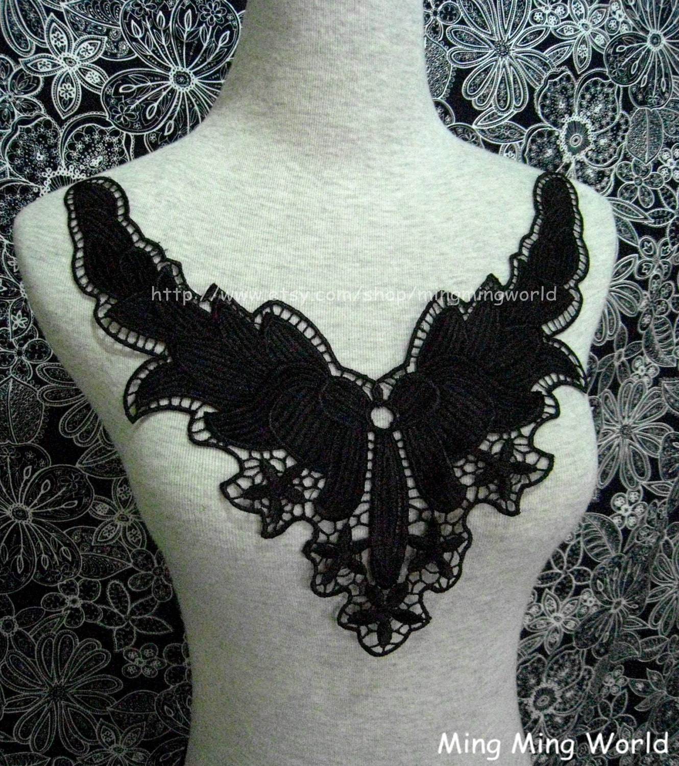Black  Lace Applique Trim - Big Flower Lace Applique for Altered Couture,Costume Design,Neck Design