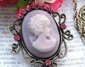 Pretty retro copper resin pink crystals queen head necklace pendant vintage style