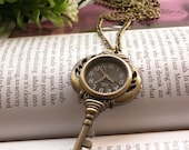 Retro copper black color key pocket watch necklace pendant vintage style