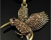 Pretty retro copper Crystals hummingbird pendant necklace vintage style