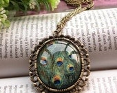 SALE Pretty retro copper peacock glass like malachite oval necklace pendant jewelry vintage style