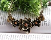 Pretty retro copper yellow crystals flowers with two leaves necklace pendant jewelry vintage style