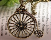 Pretty retro copper white crystals big wheeler bicycle acrobatics bike pendant necklace vintage style