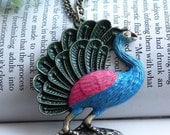 Pretty retro copper peacock with  green blue glaze feather necklace pendant jewelry vintage style
