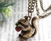 Pretty retro copper long tail squirrel eating red cedar nut pine nuts necklace pendant jewelry vintage style