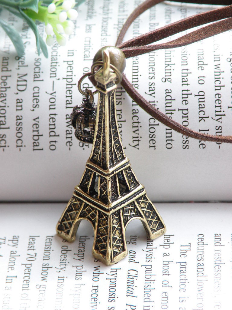 Pretty retro copper brass eiffel tower with crown leather chain necklace pendant jewelry vintage style