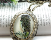 Pretty retro copper can open photo box with green feather peacock pattern necklace pendant vintage style