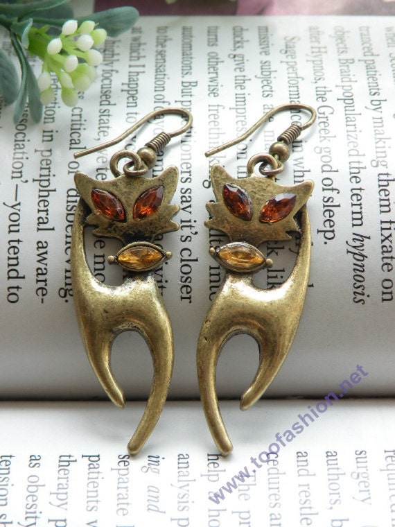 Pretty retro copper cat with brown crystals eyes earrings pendant vintage style