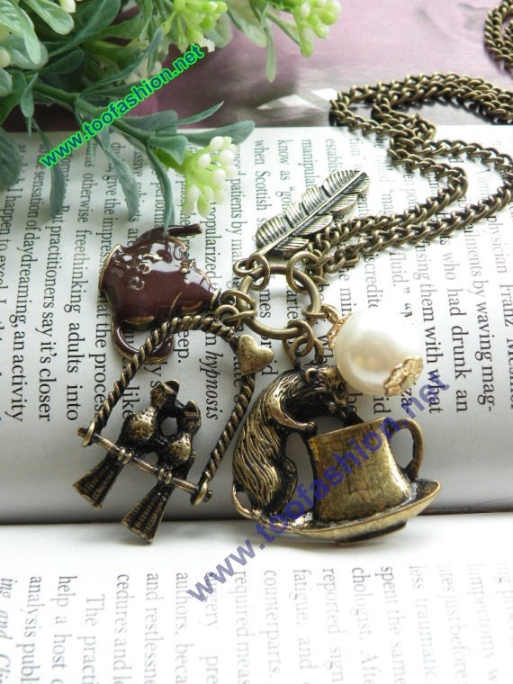 Pretty retro copper bird cage with feather tea pot mouse cup pearl necklace pendant jewelry vintage style