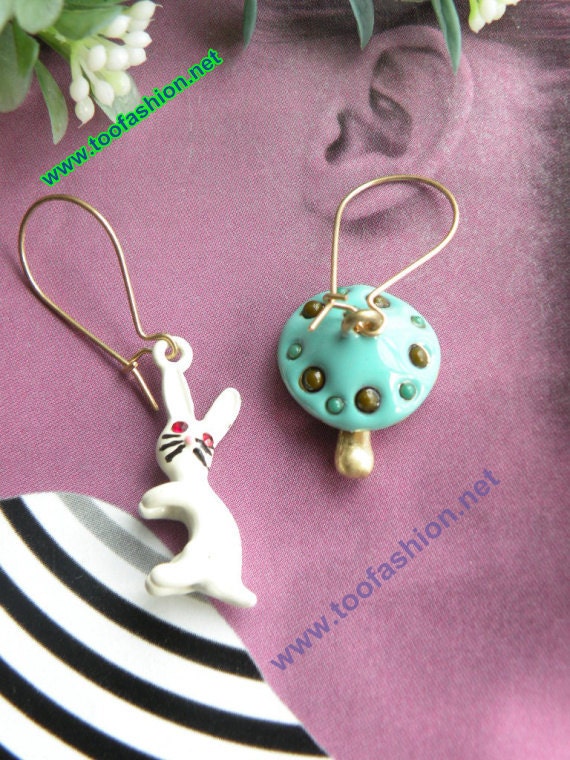 Pretty retro copper white rabbit and blue Mushrooms earrings pendant vintage style