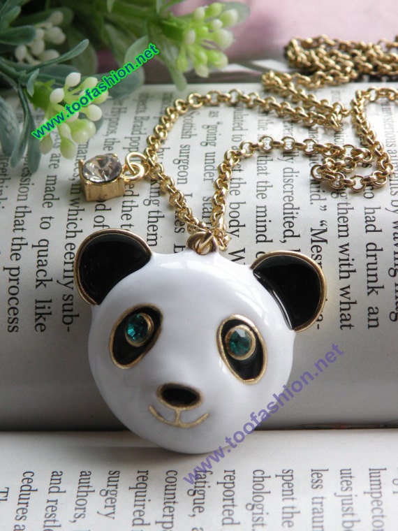 Pretty retro gold glaze panda head with blue crystals eyes necklace pendant vintage style