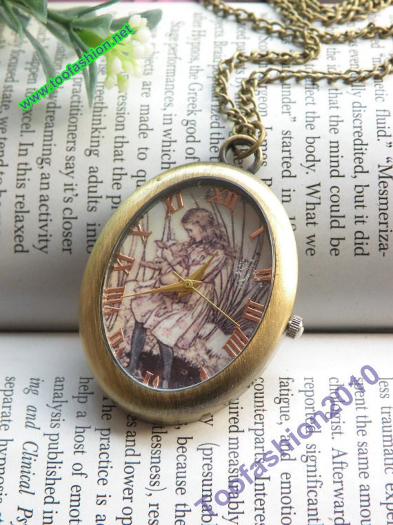 Retro copper oval girl and pig toy photo pocket watch necklace pendant jewelry vintage style