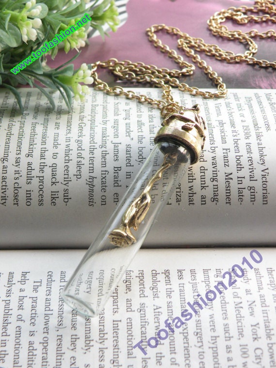 Pretty retro gold rose flower in one glass bottle necklace pendant jewelry vintage style