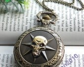Retro copper punk skull star pocket watch necklace pendant jewelry vintage style