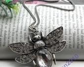 Pretty retro silver bee with gray crystal expanding wings necklace pendant vintage style